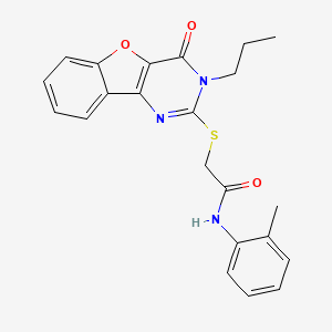 molecular formula C22H21N3O3S B2938057 N-(2-methylphenyl)-2-({6-oxo-5-propyl-8-oxa-3,5-diazatricyclo[7.4.0.0^{2,7}]trideca-1(9),2(7),3,10,12-pentaen-4-yl}sulfanyl)acetamide CAS No. 899755-68-1