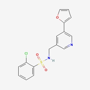molecular formula C16H13ClN2O3S B2938149 2-chloro-N-((5-(furan-2-yl)pyridin-3-yl)methyl)benzenesulfonamide CAS No. 2034386-34-8