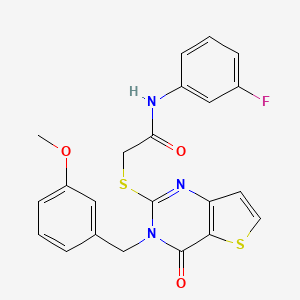 molecular formula C22H18FN3O3S2 B2938151 N-(3-fluorophenyl)-2-({3-[(3-methoxyphenyl)methyl]-4-oxo-3H,4H-thieno[3,2-d]pyrimidin-2-yl}sulfanyl)acetamide CAS No. 1252928-01-0