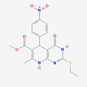 molecular formula C18H18N4O5S B2938172 Methyl 2-(ethylsulfanyl)-7-methyl-5-(4-nitrophenyl)-4-oxo-3,4,5,8-tetrahydropyrido[2,3-d]pyrimidine-6-carboxylate CAS No. 537004-58-3