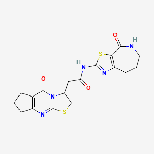 molecular formula C18H19N5O3S2 B2938190 2-{2-oxo-10-thia-1,8-diazatricyclo[7.3.0.0^{3,7}]dodeca-3(7),8-dien-12-yl}-N-{4-oxo-4H,5H,6H,7H,8H-[1,3]thiazolo[5,4-c]azepin-2-yl}acetamide CAS No. 1797565-58-2