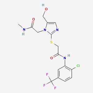 molecular formula C16H16ClF3N4O3S B2938197 N-[2-chloro-5-(trifluoromethyl)phenyl]-2-{[5-(hydroxymethyl)-1-[(methylcarbamoyl)methyl]-1H-imidazol-2-yl]sulfanyl}acetamide CAS No. 923146-73-0