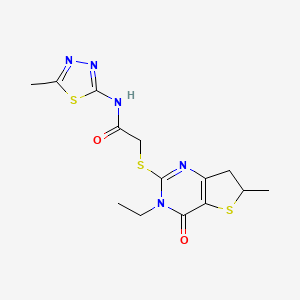 molecular formula C14H17N5O2S3 B2938257 2-({3-ethyl-6-methyl-4-oxo-3H,4H,6H,7H-thieno[3,2-d]pyrimidin-2-yl}sulfanyl)-N-(5-methyl-1,3,4-thiadiazol-2-yl)acetamide CAS No. 851409-25-1