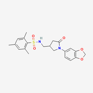 molecular formula C21H24N2O5S B2938352 N-((1-(benzo[d][1,3]dioxol-5-yl)-5-oxopyrrolidin-3-yl)methyl)-2,4,6-trimethylbenzenesulfonamide CAS No. 954634-58-3