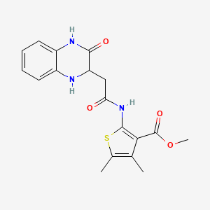 molecular formula C18H19N3O4S B2938407 methyl 4,5-dimethyl-2-[2-(3-oxo-1,2,3,4-tetrahydroquinoxalin-2-yl)acetamido]thiophene-3-carboxylate 