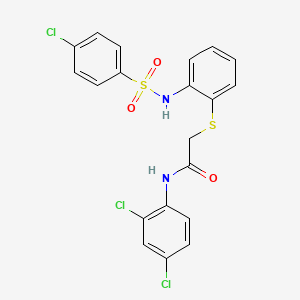 molecular formula C20H15Cl3N2O3S2 B2938614 2-[(2-{[(4-chlorophenyl)sulfonyl]amino}phenyl)sulfanyl]-N-(2,4-dichlorophenyl)acetamide CAS No. 477869-03-7