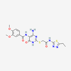 molecular formula C19H21N7O5S2 B2938664 N-(4-amino-2-((2-((5-ethyl-1,3,4-thiadiazol-2-yl)amino)-2-oxoethyl)thio)-6-oxo-1,6-dihydropyrimidin-5-yl)-3,4-dimethoxybenzamide CAS No. 868228-15-3