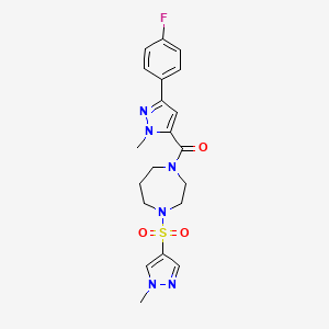 molecular formula C20H23FN6O3S B2938703 (3-(4-fluorophenyl)-1-methyl-1H-pyrazol-5-yl)(4-((1-methyl-1H-pyrazol-4-yl)sulfonyl)-1,4-diazepan-1-yl)methanone CAS No. 2034245-15-1