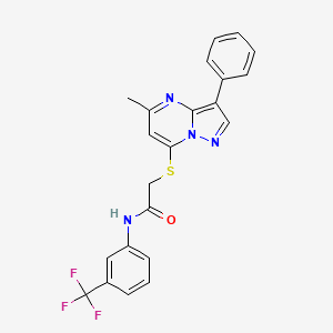 molecular formula C22H17F3N4OS B2938729 2-((5-methyl-3-phenylpyrazolo[1,5-a]pyrimidin-7-yl)thio)-N-(3-(trifluoromethyl)phenyl)acetamide CAS No. 862244-67-5
