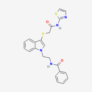 molecular formula C22H20N4O2S2 B2938744 N-(2-(3-((2-oxo-2-(thiazol-2-ylamino)ethyl)thio)-1H-indol-1-yl)ethyl)benzamide CAS No. 532969-83-8