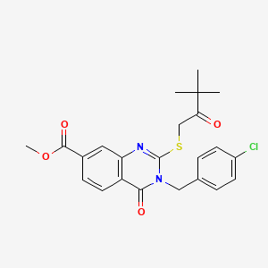 molecular formula C23H23ClN2O4S B2938780 methyl 3-[(4-chlorophenyl)methyl]-2-[(3,3-dimethyl-2-oxobutyl)sulfanyl]-4-oxo-3,4-dihydroquinazoline-7-carboxylate CAS No. 422273-77-6