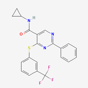 molecular formula C21H16F3N3OS B2938955 N-cyclopropyl-2-phenyl-4-{[3-(trifluoromethyl)phenyl]sulfanyl}-5-pyrimidinecarboxamide CAS No. 477859-54-4