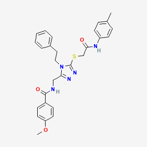 molecular formula C28H29N5O3S B2939180 4-methoxy-N-((5-((2-oxo-2-(p-tolylamino)ethyl)thio)-4-phenethyl-4H-1,2,4-triazol-3-yl)methyl)benzamide CAS No. 476448-06-3
