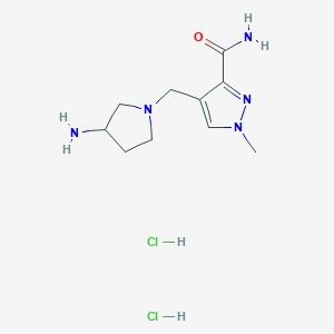 molecular formula C10H19Cl2N5O B2939187 4-[(3-Aminopyrrolidin-1-yl)methyl]-1-methylpyrazole-3-carboxamide;dihydrochloride CAS No. 2247107-95-3