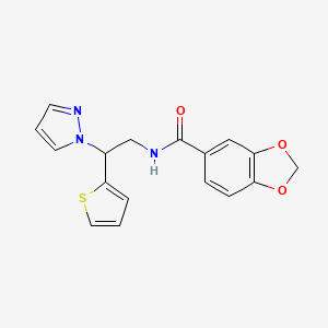 molecular formula C17H15N3O3S B2939389 N-(2-(1H-pyrazol-1-yl)-2-(thiophen-2-yl)ethyl)benzo[d][1,3]dioxole-5-carboxamide CAS No. 2034565-14-3