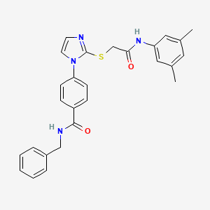 molecular formula C27H26N4O2S B2939574 N-benzyl-4-[2-({[(3,5-dimethylphenyl)carbamoyl]methyl}sulfanyl)-1H-imidazol-1-yl]benzamide CAS No. 1359476-24-6