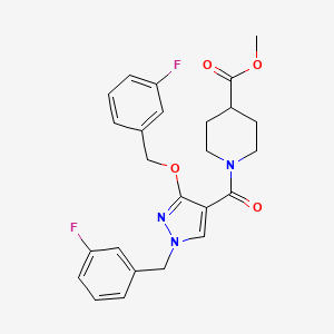molecular formula C25H25F2N3O4 B2939589 methyl 1-(1-(3-fluorobenzyl)-3-((3-fluorobenzyl)oxy)-1H-pyrazole-4-carbonyl)piperidine-4-carboxylate CAS No. 1014069-86-3
