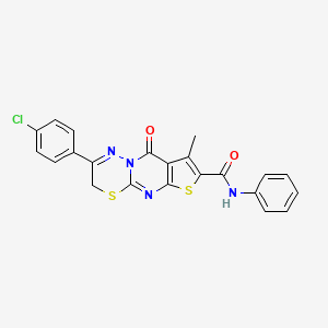molecular formula C22H15ClN4O2S2 B2939628 12-(4-chlorophenyl)-4-methyl-2-oxo-N-phenyl-6,10-dithia-1,8,13-triazatricyclo[7.4.0.03,7]trideca-3(7),4,8,12-tetraene-5-carboxamide CAS No. 866897-46-3