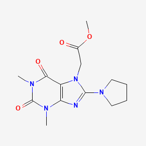 molecular formula C14H19N5O4 B2939669 methyl 2-[1,3-dimethyl-2,6-dioxo-8-(pyrrolidin-1-yl)-2,3,6,7-tetrahydro-1H-purin-7-yl]acetate CAS No. 879070-85-6