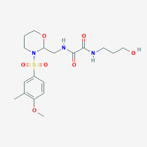 molecular formula C18H27N3O7S B2939855 N-(3-hydroxypropyl)-N'-{[3-(4-methoxy-3-methylbenzenesulfonyl)-1,3-oxazinan-2-yl]methyl}ethanediamide CAS No. 872986-10-2