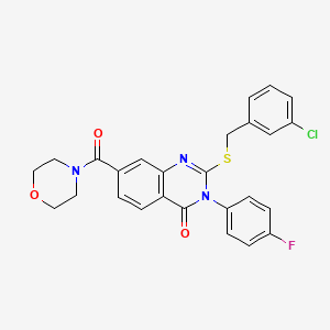 molecular formula C26H21ClFN3O3S B2939951 2-{[(3-chlorophenyl)methyl]sulfanyl}-3-(4-fluorophenyl)-7-(morpholine-4-carbonyl)-3,4-dihydroquinazolin-4-one CAS No. 1115332-21-2