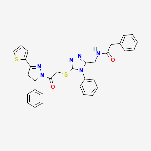 molecular formula C33H30N6O2S2 B2940008 N-((5-((2-oxo-2-(3-(thiophen-2-yl)-5-(p-tolyl)-4,5-dihydro-1H-pyrazol-1-yl)ethyl)thio)-4-phenyl-4H-1,2,4-triazol-3-yl)methyl)-2-phenylacetamide CAS No. 362505-44-0