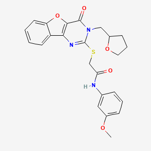 molecular formula C24H23N3O5S B2940030 N-(3-methoxyphenyl)-2-({6-oxo-5-[(oxolan-2-yl)methyl]-8-oxa-3,5-diazatricyclo[7.4.0.0^{2,7}]trideca-1(9),2(7),3,10,12-pentaen-4-yl}sulfanyl)acetamide CAS No. 899754-84-8