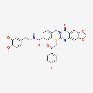 molecular formula C35H30FN3O7S B2940095 N-[2-(3,4-dimethoxyphenyl)ethyl]-4-[(6-{[2-(4-fluorophenyl)-2-oxoethyl]sulfanyl}-8-oxo-2H,7H,8H-[1,3]dioxolo[4,5-g]quinazolin-7-yl)methyl]benzamide CAS No. 688062-14-8