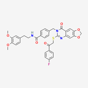 N-(3,4-dimethoxyphenethyl)-4-((6-((2-(4-fluorophenyl)-2-oxoethyl)thio)-8-oxo-[1,3]dioxolo[4,5-g]quinazolin-7(8H)-yl)methyl)benzamide
