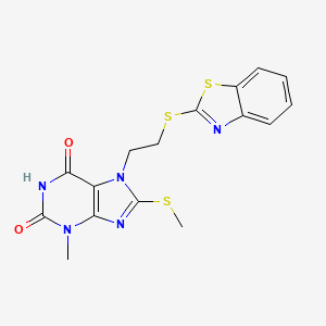 molecular formula C16H15N5O2S3 B2940247 7-[2-(1,3-benzothiazol-2-ylsulfanyl)ethyl]-3-methyl-8-(methylsulfanyl)-2,3,6,7-tetrahydro-1H-purine-2,6-dione CAS No. 868143-36-6