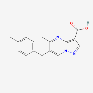 molecular formula C17H17N3O2 B2940402 5,7-Dimethyl-6-(4-methylbenzyl)pyrazolo[1,5-a]pyrimidine-3-carboxylic acid CAS No. 440627-38-3
