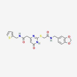 molecular formula C21H20N4O5S2 B2940492 N-(benzo[d][1,3]dioxol-5-ylmethyl)-2-((6-oxo-4-(2-oxo-2-((thiophen-2-ylmethyl)amino)ethyl)-1,6-dihydropyrimidin-2-yl)thio)acetamide CAS No. 1105217-78-4