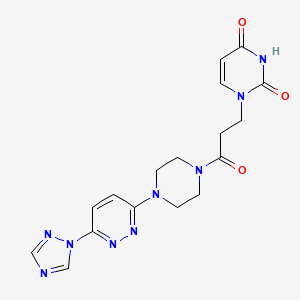 molecular formula C17H19N9O3 B2940507 1-(3-(4-(6-(1H-1,2,4-triazol-1-yl)pyridazin-3-yl)piperazin-1-yl)-3-oxopropyl)pyrimidine-2,4(1H,3H)-dione CAS No. 1797697-31-4