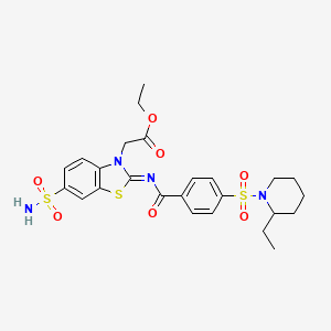 molecular formula C25H30N4O7S3 B2940528 ethyl 2-[(2Z)-2-({4-[(2-ethylpiperidin-1-yl)sulfonyl]benzoyl}imino)-6-sulfamoyl-2,3-dihydro-1,3-benzothiazol-3-yl]acetate CAS No. 865248-37-9