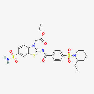 molecular formula C25H30N4O7S3 B2940528 (Z)-ethyl 2-(2-((4-((2-ethylpiperidin-1-yl)sulfonyl)benzoyl)imino)-6-sulfamoylbenzo[d]thiazol-3(2H)-yl)acetate CAS No. 865248-37-9
