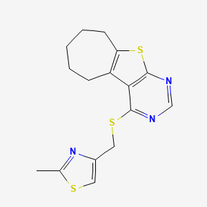 molecular formula C16H17N3S3 B2940591 3-{[(2-Methyl-1,3-thiazol-4-yl)methyl]sulfanyl}-8-thia-4,6-diazatricyclo[7.5.0.0^{2,7}]tetradeca-1(9),2,4,6-tetraene CAS No. 690642-52-5