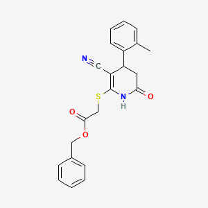 molecular formula C22H20N2O3S B2940638 Benzyl 2-{[3-cyano-4-(2-methylphenyl)-6-oxo-1,4,5,6-tetrahydropyridin-2-yl]sulfanyl}acetate CAS No. 332050-82-5