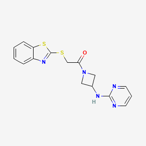 molecular formula C16H15N5OS2 B2940817 2-(1,3-benzothiazol-2-ylsulfanyl)-1-{3-[(pyrimidin-2-yl)amino]azetidin-1-yl}ethan-1-one CAS No. 2177366-20-8
