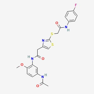molecular formula C22H21FN4O4S2 B2940973 2-[(4-{[(5-acetamido-2-methoxyphenyl)carbamoyl]methyl}-1,3-thiazol-2-yl)sulfanyl]-N-(4-fluorophenyl)acetamide CAS No. 941980-83-2