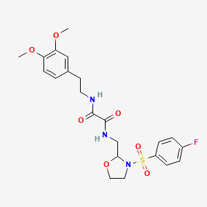 molecular formula C22H26FN3O7S B2941095 N'-[2-(3,4-dimethoxyphenyl)ethyl]-N-{[3-(4-fluorobenzenesulfonyl)-1,3-oxazolidin-2-yl]methyl}ethanediamide CAS No. 874806-01-6