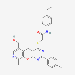 molecular formula C29H28N4O3S B2941264 N-(4-ethylphenyl)-2-{[11-(hydroxymethyl)-14-methyl-5-(4-methylphenyl)-2-oxa-4,6,13-triazatricyclo[8.4.0.0^{3,8}]tetradeca-1(10),3(8),4,6,11,13-hexaen-7-yl]sulfanyl}acetamide CAS No. 892384-91-7