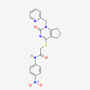 molecular formula C21H19N5O4S B2941450 N-(4-nitrophenyl)-2-((2-oxo-1-(pyridin-2-ylmethyl)-2,5,6,7-tetrahydro-1H-cyclopenta[d]pyrimidin-4-yl)thio)acetamide CAS No. 900000-07-9
