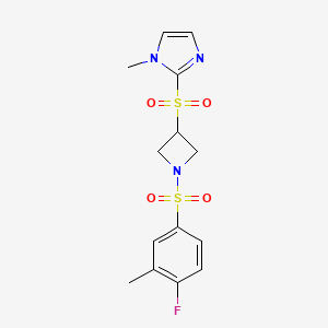 molecular formula C14H16FN3O4S2 B2941501 2-((1-((4-fluoro-3-methylphenyl)sulfonyl)azetidin-3-yl)sulfonyl)-1-methyl-1H-imidazole CAS No. 2034430-02-7