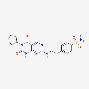 molecular formula C19H22N6O4S B2941542 4-(2-((6-Cyclopentyl-5,7-dioxo-5,6,7,8-tetrahydropyrimido[4,5-d]pyrimidin-2-yl)amino)ethyl)benzenesulfonamide CAS No. 1396855-52-9