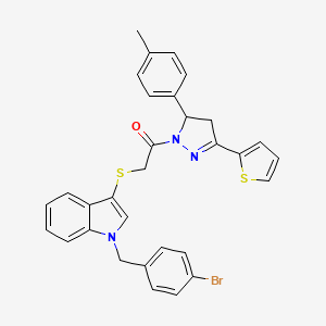 molecular formula C31H26BrN3OS2 B2941550 2-[1-[(4-Bromophenyl)methyl]indol-3-yl]sulfanyl-1-[3-(4-methylphenyl)-5-thiophen-2-yl-3,4-dihydropyrazol-2-yl]ethanone CAS No. 681274-52-2