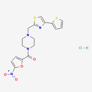 molecular formula C17H17ClN4O4S2 B2941727 (5-Nitrofuran-2-yl)(4-((4-(thiophen-2-yl)thiazol-2-yl)methyl)piperazin-1-yl)methanone hydrochloride CAS No. 1351652-47-5