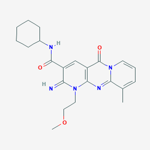 molecular formula C22H27N5O3 B2941910 N-cyclohexyl-6-imino-7-(2-methoxyethyl)-11-methyl-2-oxo-1,7,9-triazatricyclo[8.4.0.03,8]tetradeca-3(8),4,9,11,13-pentaene-5-carboxamide CAS No. 510762-53-5