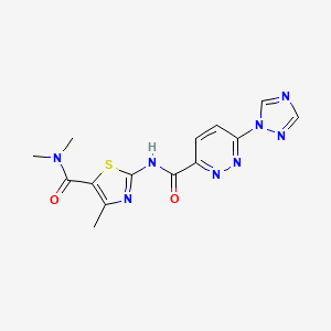 molecular formula C14H14N8O2S B2941955 2-(6-(1H-1,2,4-triazol-1-yl)pyridazine-3-carboxamido)-N,N,4-trimethylthiazole-5-carboxamide CAS No. 1448072-88-5