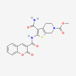 molecular formula C20H17N3O6S B2942378 methyl 3-carbamoyl-2-(2-oxo-2H-chromene-3-amido)-4H,5H,6H,7H-thieno[2,3-c]pyridine-6-carboxylate CAS No. 886951-57-1