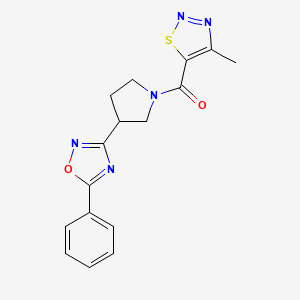 molecular formula C16H15N5O2S B2942436 3-[1-(4-methyl-1,2,3-thiadiazole-5-carbonyl)pyrrolidin-3-yl]-5-phenyl-1,2,4-oxadiazole CAS No. 2034279-04-2